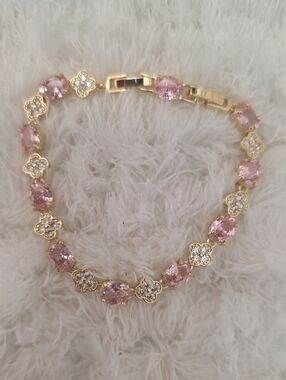 Gold-Tone Pink Crystal Floral Link Bracelet